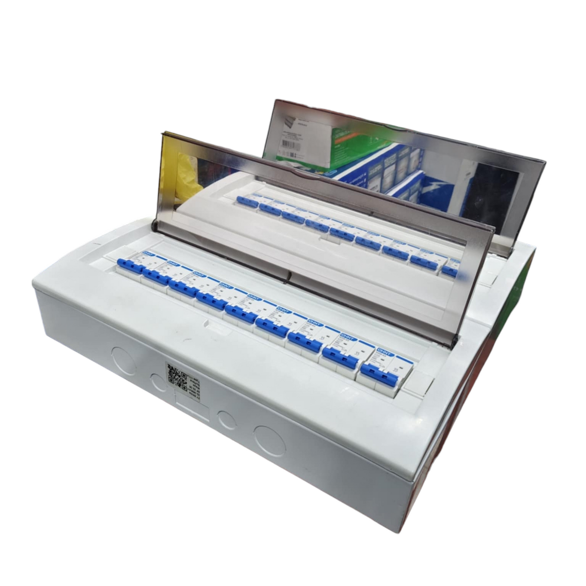 Chint NXB 2 pole breaker panel white enclosure with rows of blue MCB switches for home distribution