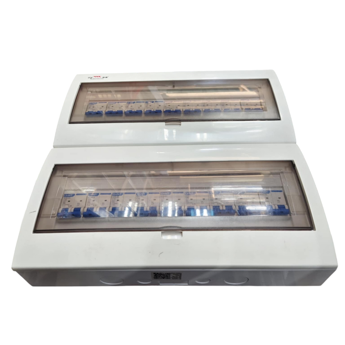Chint NXB 2 pole breaker panel white dual row distribution box with transparent hinged cover and blue MCBs