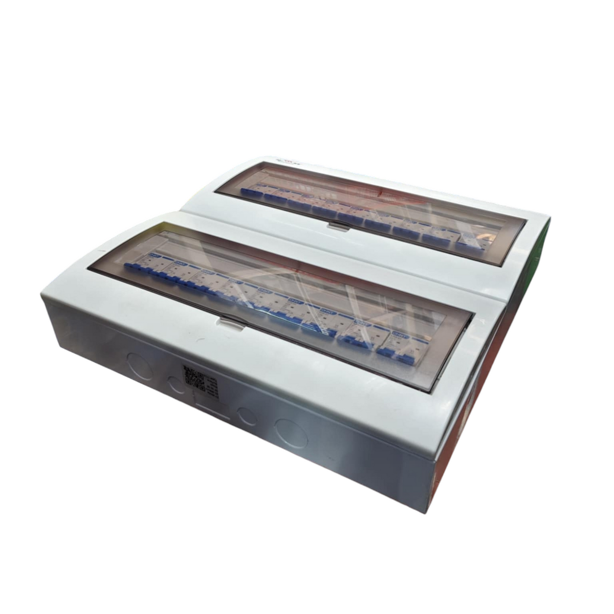 Chint NXB 2 pole breaker panel twin row white distribution enclosure with transparent covers showing multiple blue breakers