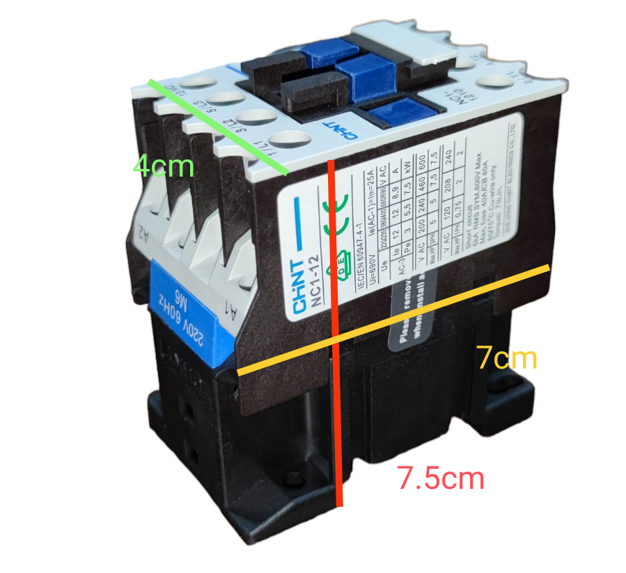 Chint Magnetic Contactor 25A 220V with labeled dimensions of 7.5 cm height 7 cm width and 4 cm depth