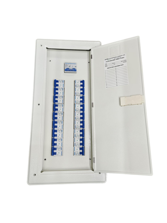 Chint miniature circuit breaker panel with multiple blue and white breakers inside a white metal enclosure