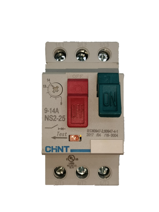 Chint Motor Protection Circuit Breaker 9-14A with red off and green on switches for electrical safety