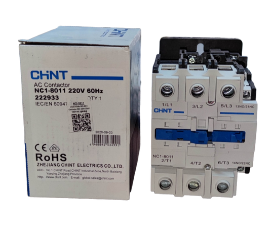 Chint AC Contactor NC1-8011 switch with operational current 80A 440V in white and blue with packaging box