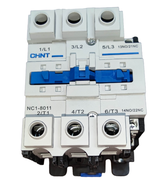 Chint power switch with Operational Current 80A 440V featuring three-phase terminals and blue toggle