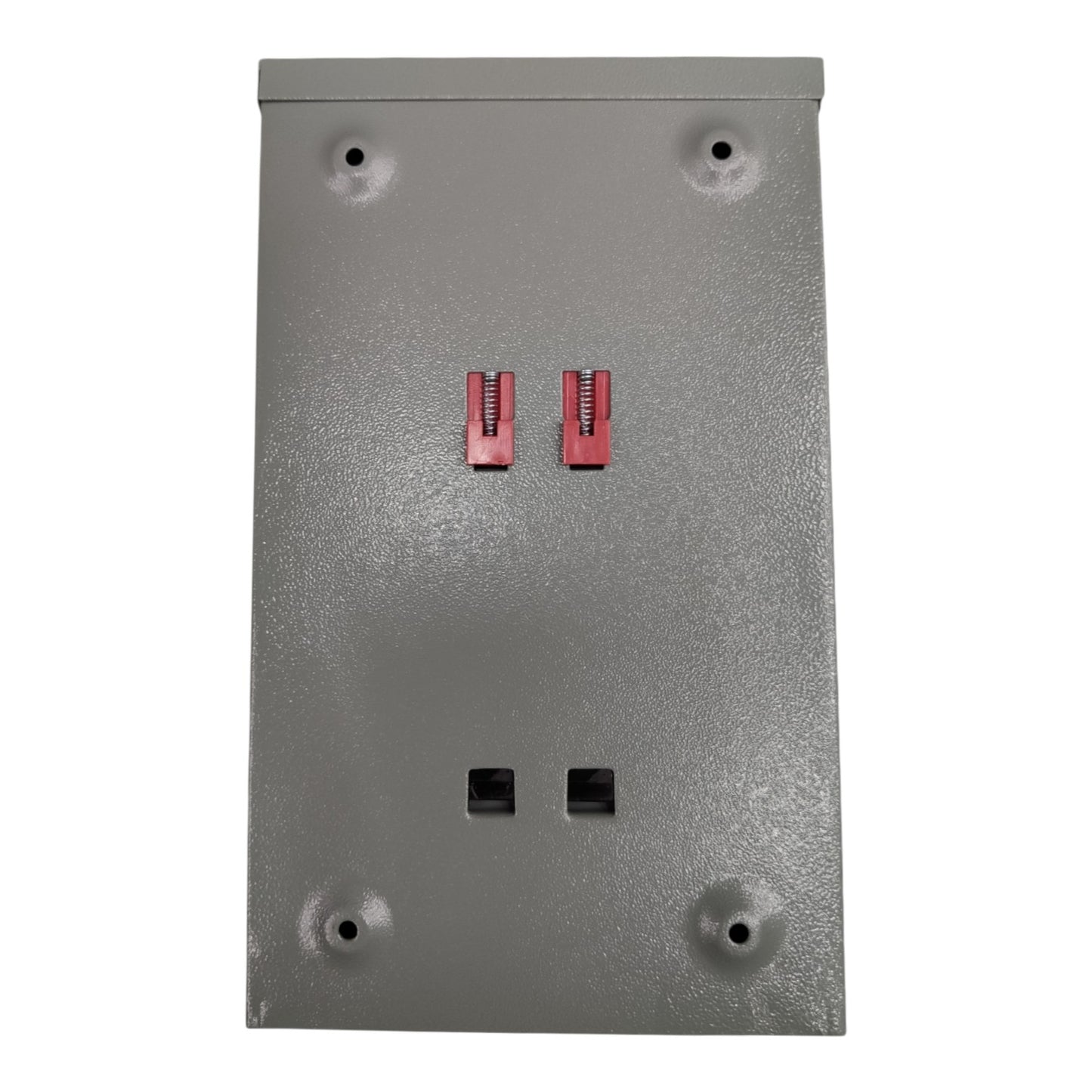 Gray wall plate with two red screws on a white background