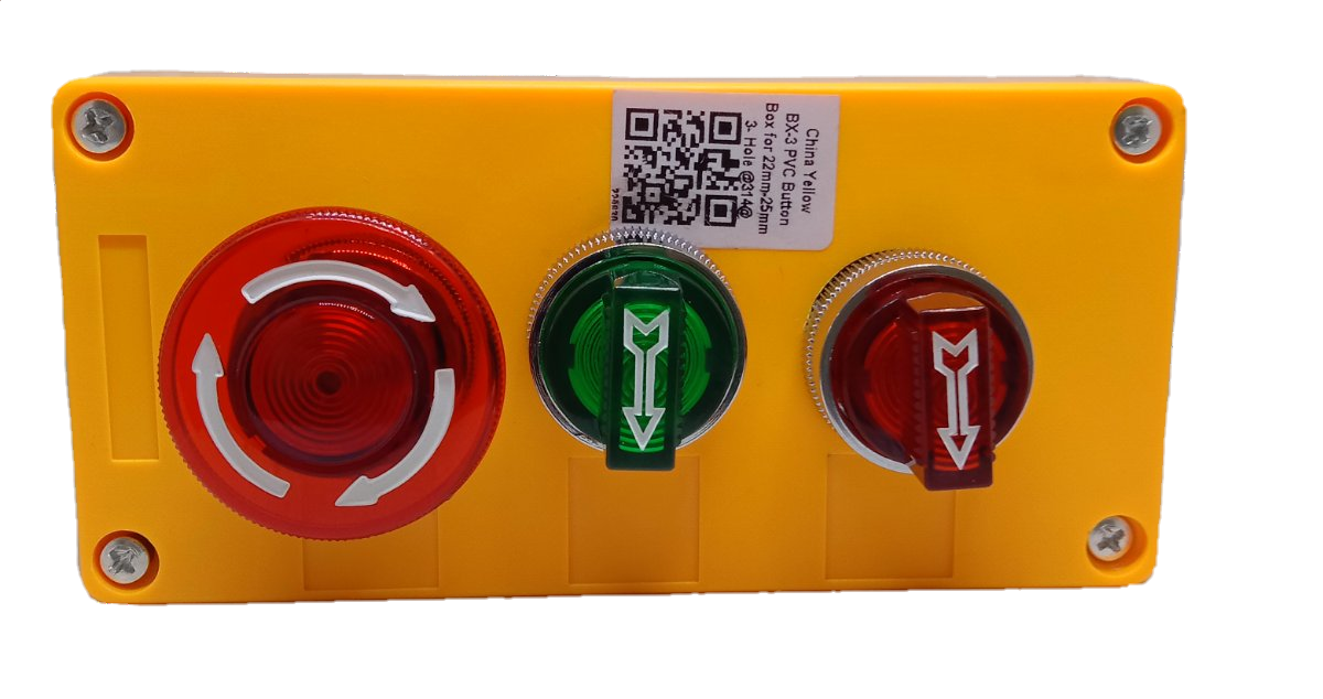 Auspicious illuminated emergency stop switch with red and green buttons on a yellow panel