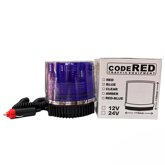 Code Red 12V blue strobe warning light with clear cover and dual voltage options for safety applications