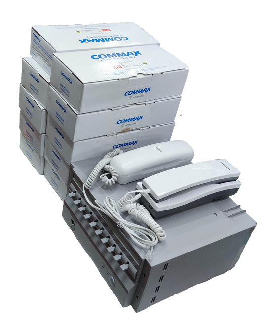 Commax 10 station intercom system with white handsets and multiple boxed units stacked on black background
