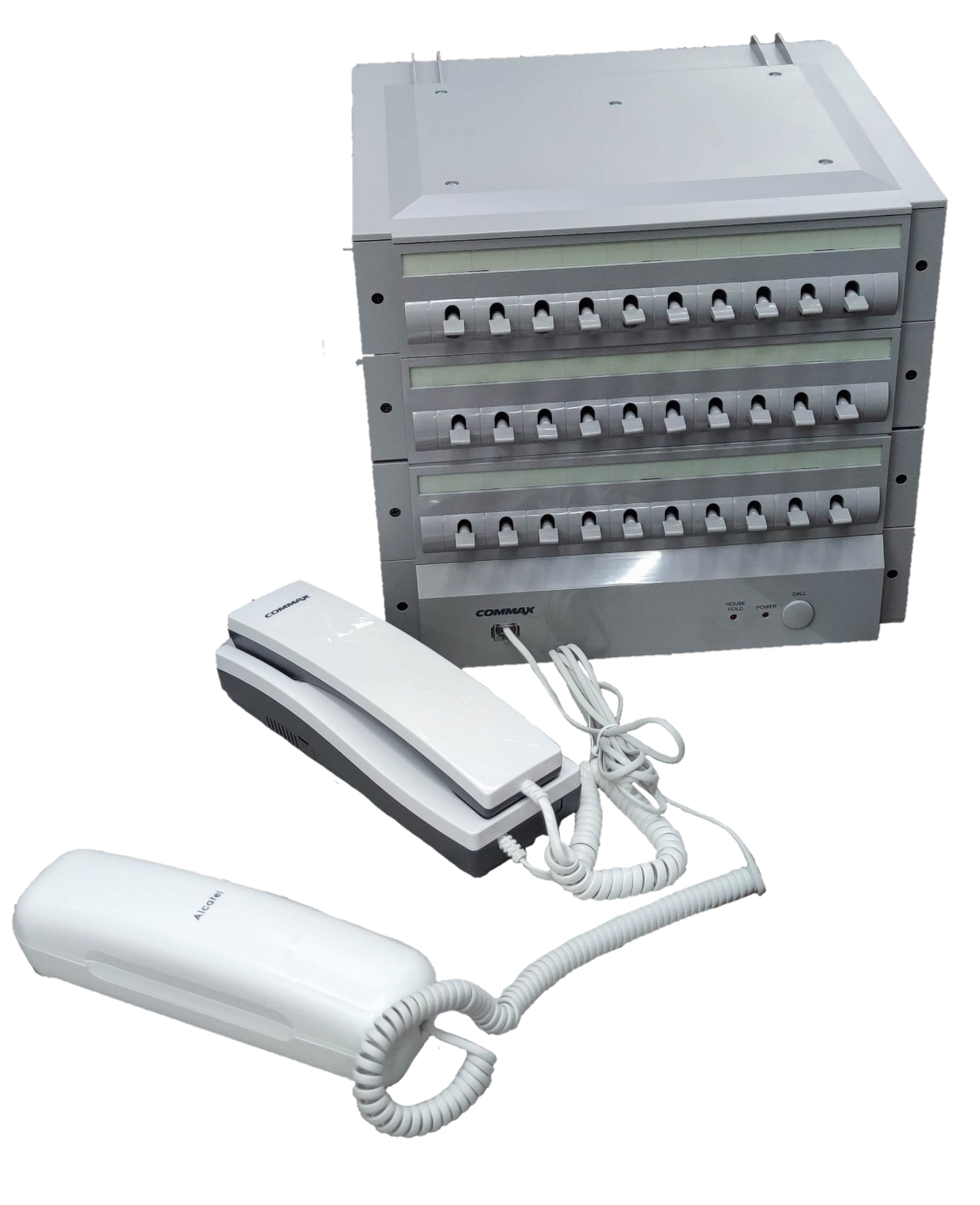 Commax 30 station intercom system with multiple white handset units and control panel for security communication