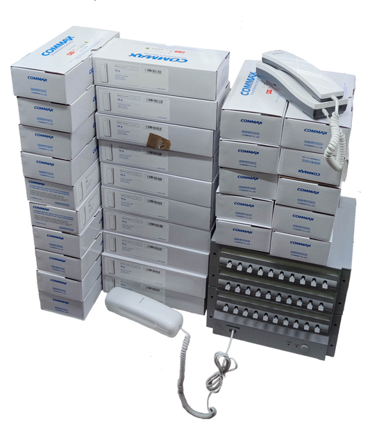Commax 30 station intercom system with multiple handsets and stacked product boxes for security communication