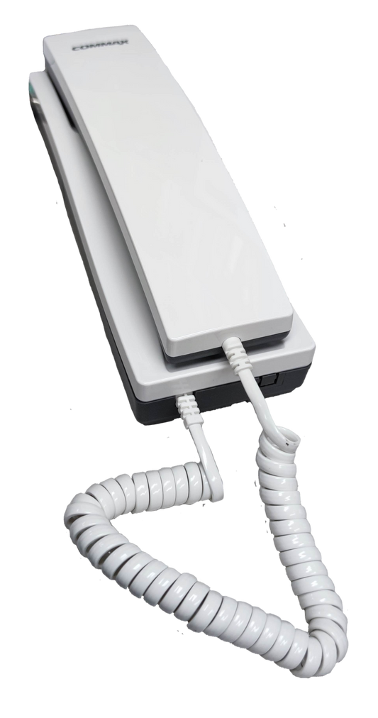 White Commax Intercom Slave TP-S wall handset with coiled cord for CCTV and security system indoor use
