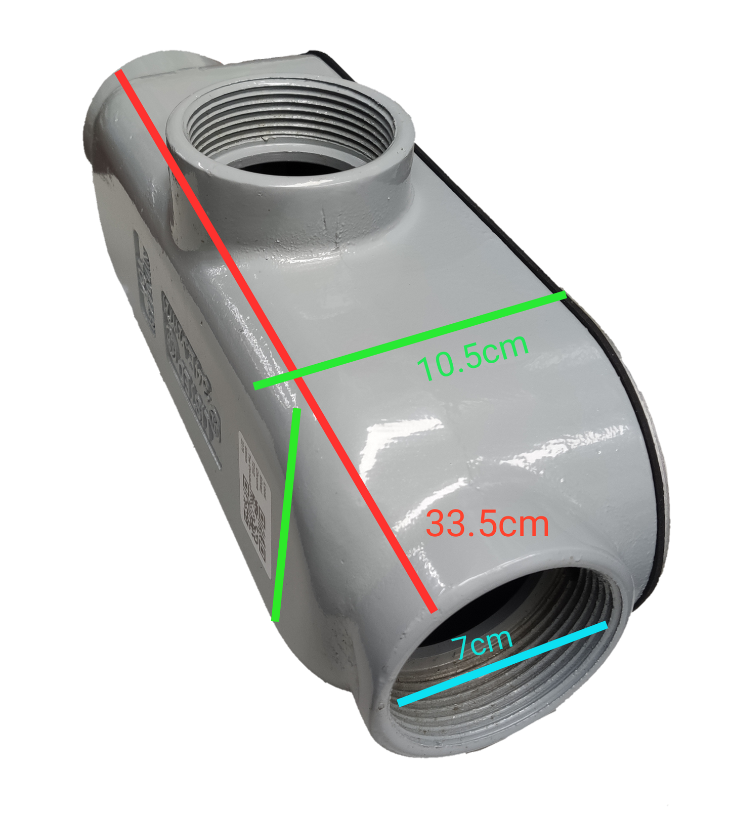 Gray metal Conduit Bodies Threaded Tee Type with threaded openings and measurement markings
