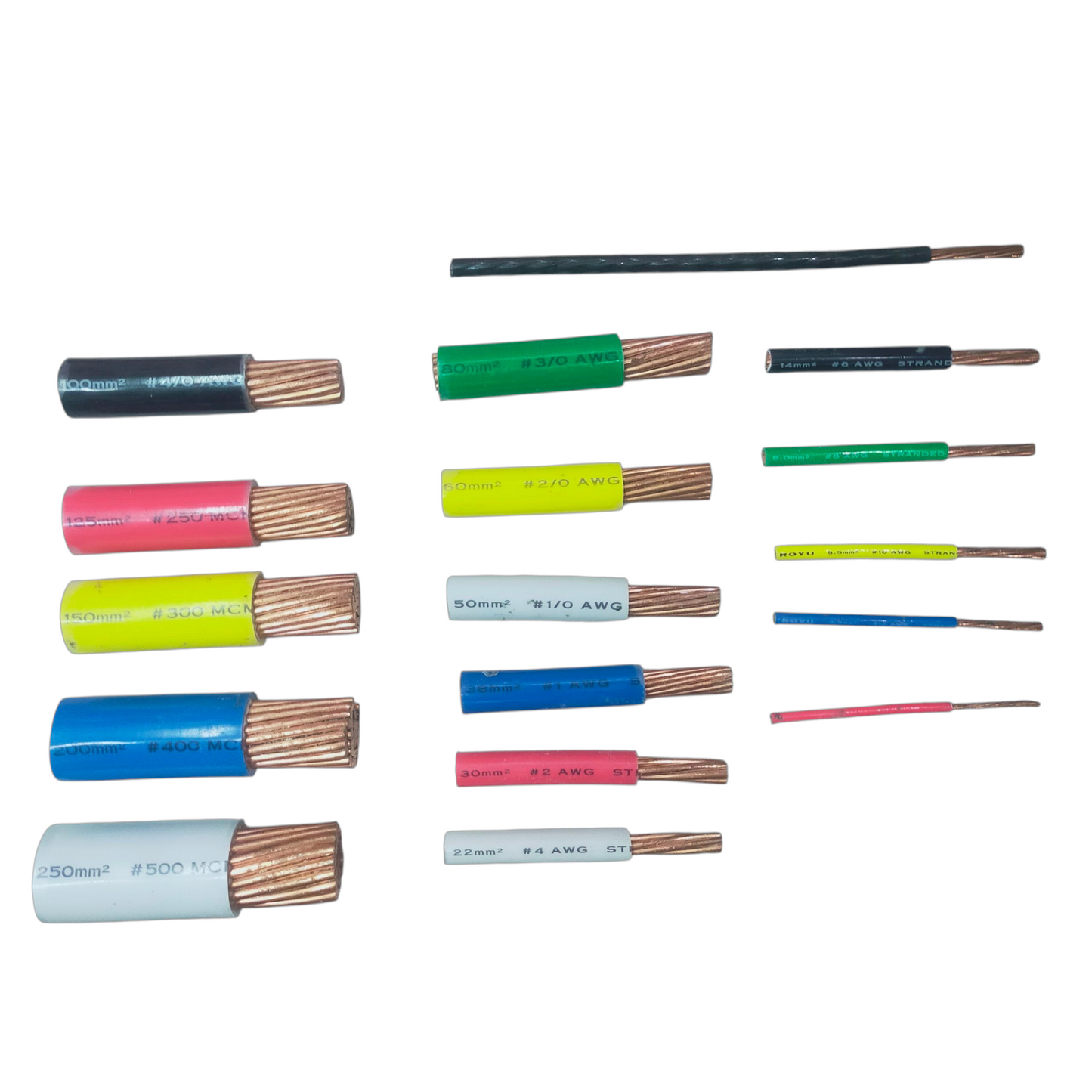 Royu electrical wire assortment showing insulated stranded copper cores and cut sections 250mm Stranded 500MCM Green