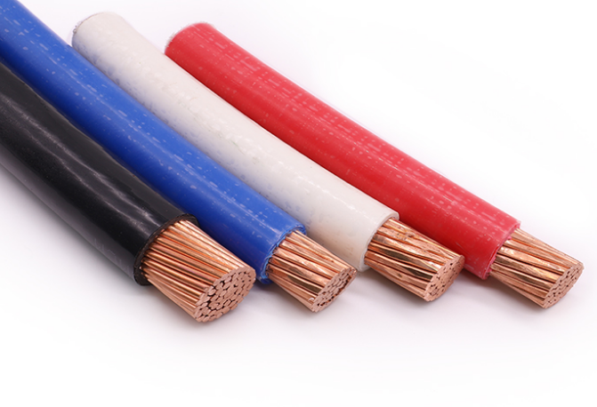 Royu electrical wire bundle showing stranded copper ends in black blue white red 250mm Stranded 500MCM Green