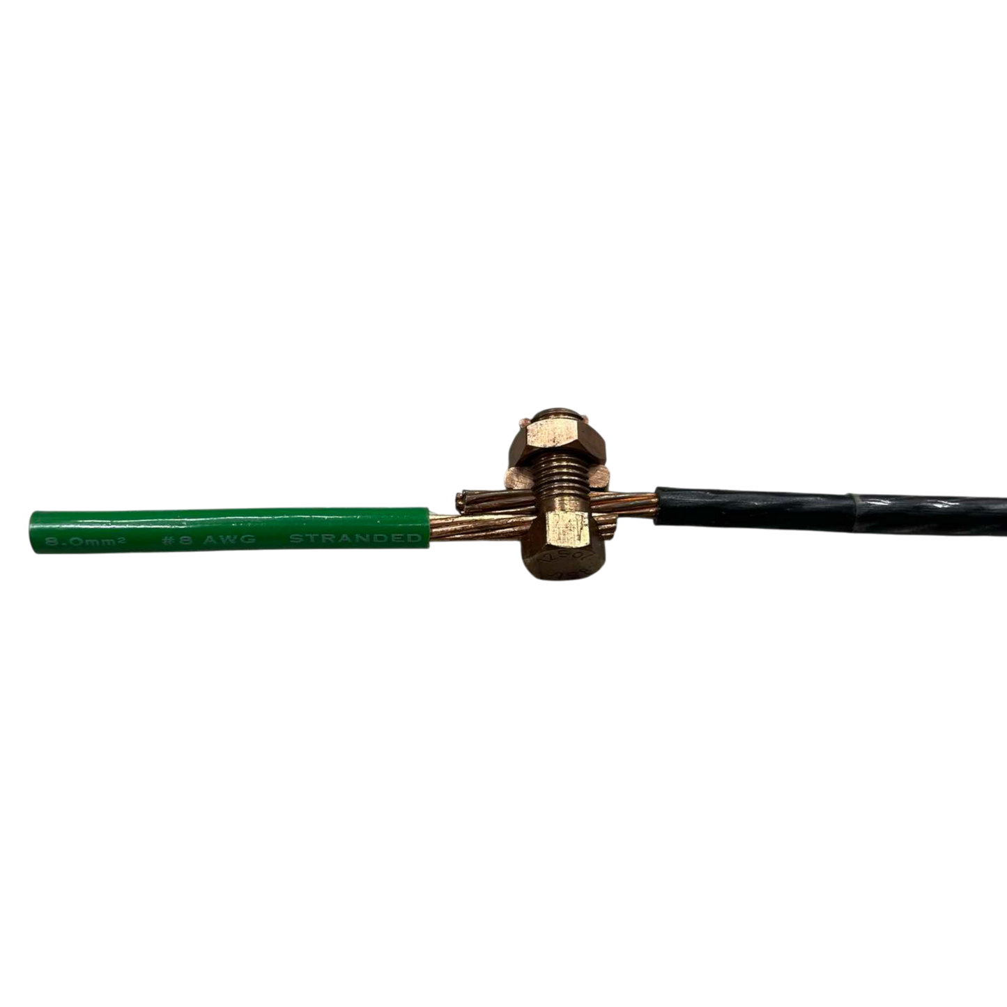 Solderless Connector 1 Bolt 1.25-8MM joining green and black stranded copper wires with brass clamp