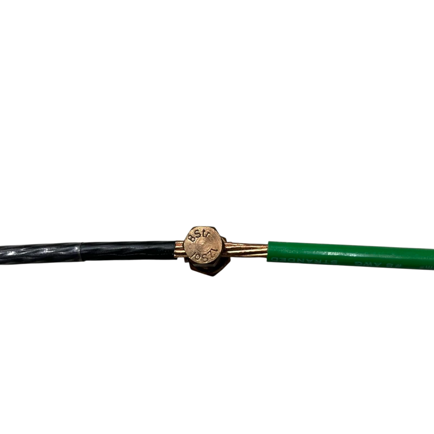 Solderless Connector 1 Bolt 1.25-8MM brass clamp joining black insulated cable to green wire