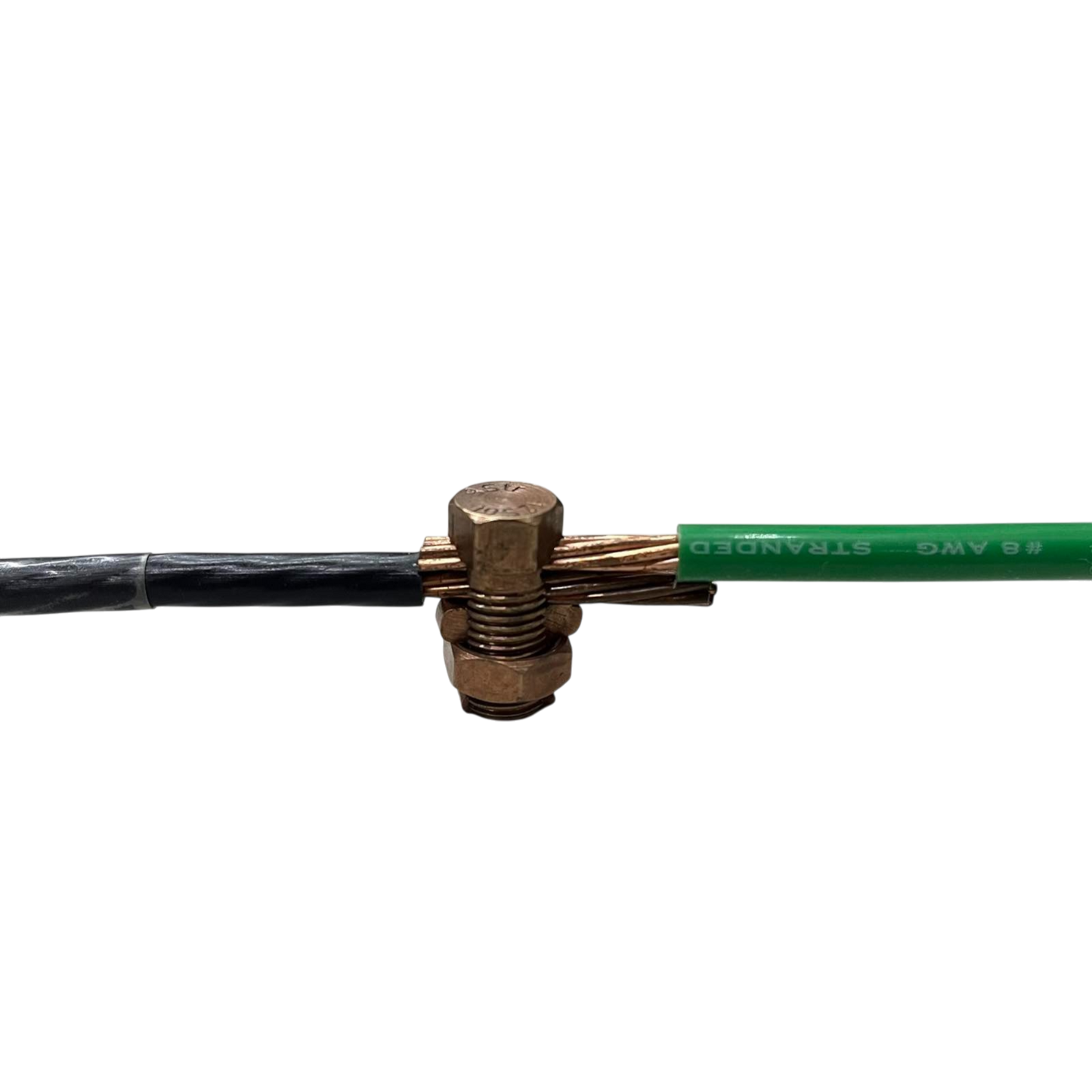 Brass Solderless Connector 1 Bolt 1.25-8MM joining a black insulated cable and green stranded wire