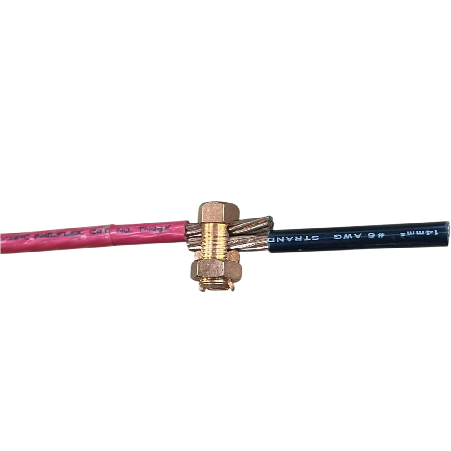 Solderless Connector 1 Bolt 5.5-14MM copper clamp joining red and black stranded wires on black background