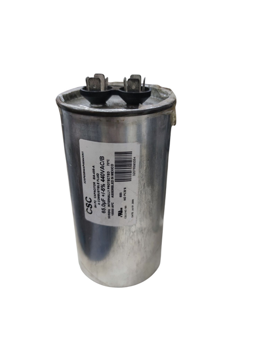 CSC 65uF 440V capacitor electrical component with metal casing and two terminal connectors