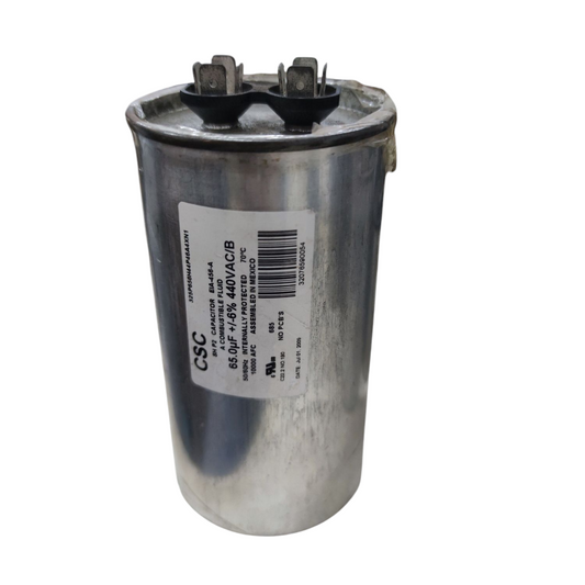 CSC 65uF 440V capacitor electrical component with metal casing and two terminal connectors