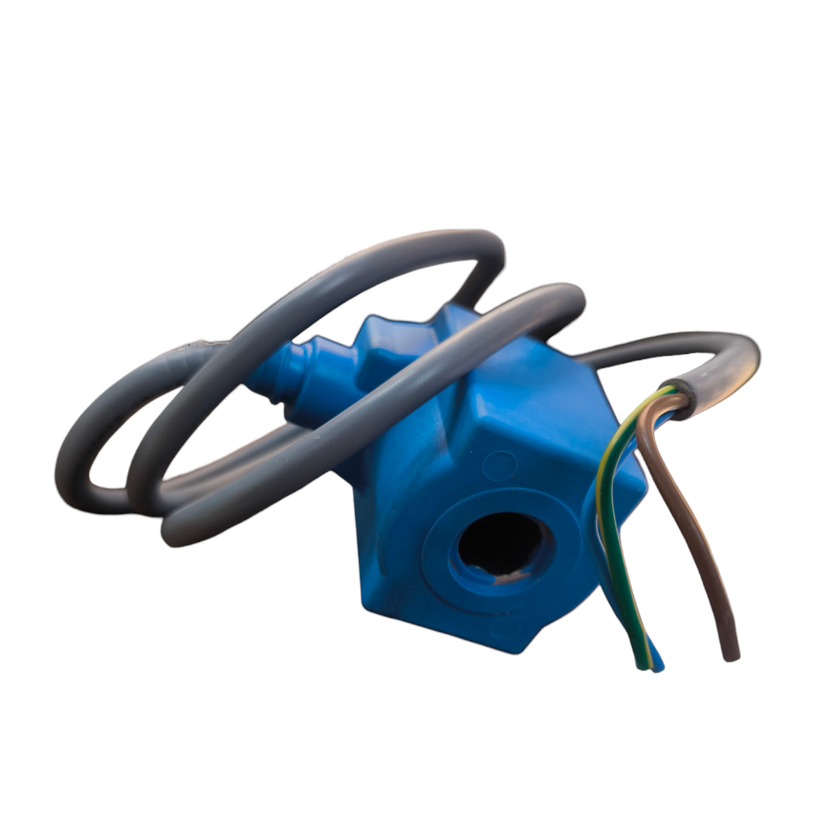 Danfoss Solenoid Coil 14W 220V 60 Hz in blue with attached black and green wires