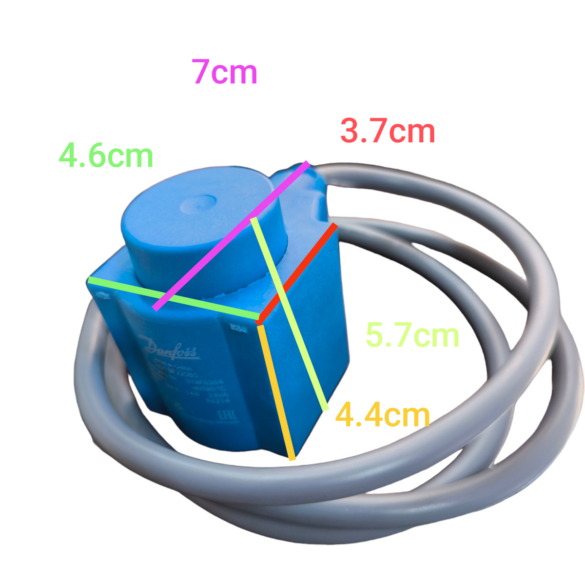 Danfoss Solenoid Coil 14W 220V 60 Hz blue electrical component with attached gray cable