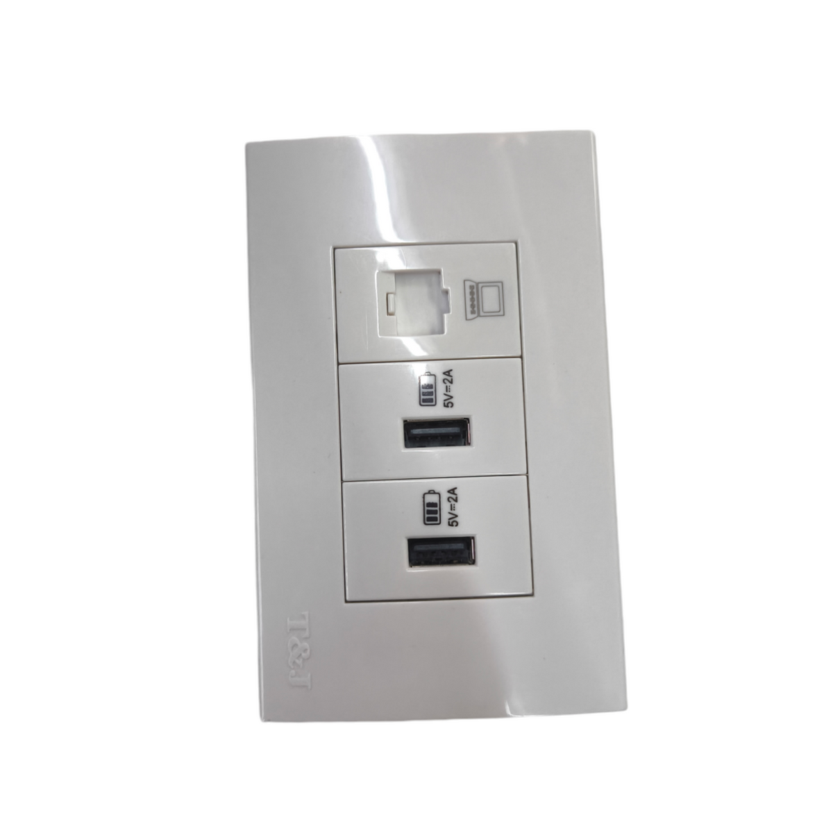 T&J DC Outlet and LAN Cat6 Outlet with Plate featuring dual USB ports and a LAN port