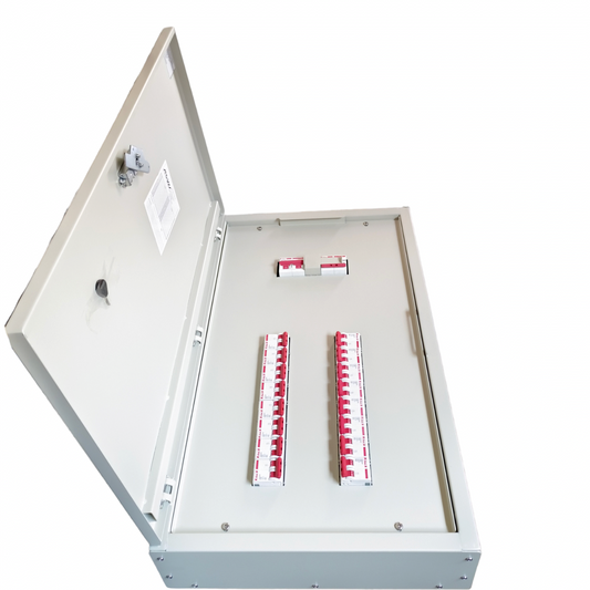 Himel 125A main circuit breaker panel with multiple breakers inside a gray metal enclosure