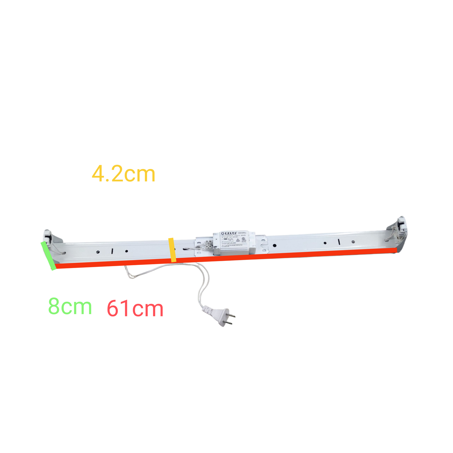 Delta magnetic ballast light fixture with plug and detailed size measurements in centimeters