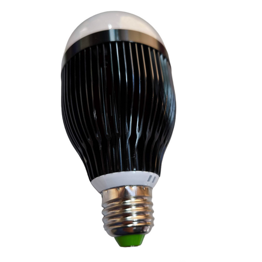 Denko 12W LED industrial bulb with a black heat sink design and standard base for efficient lighting
