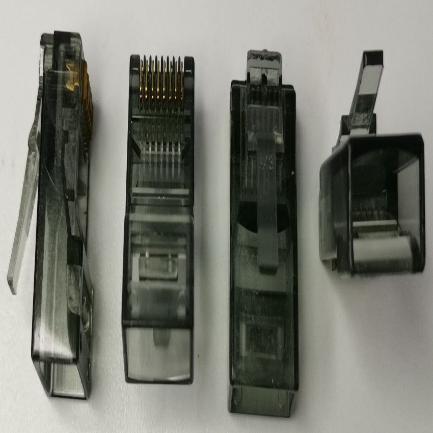 Grippes Powerline Network Adapter Denko RJ45 Connector colored clear plastic Ethernet connectors shown from multiple angles