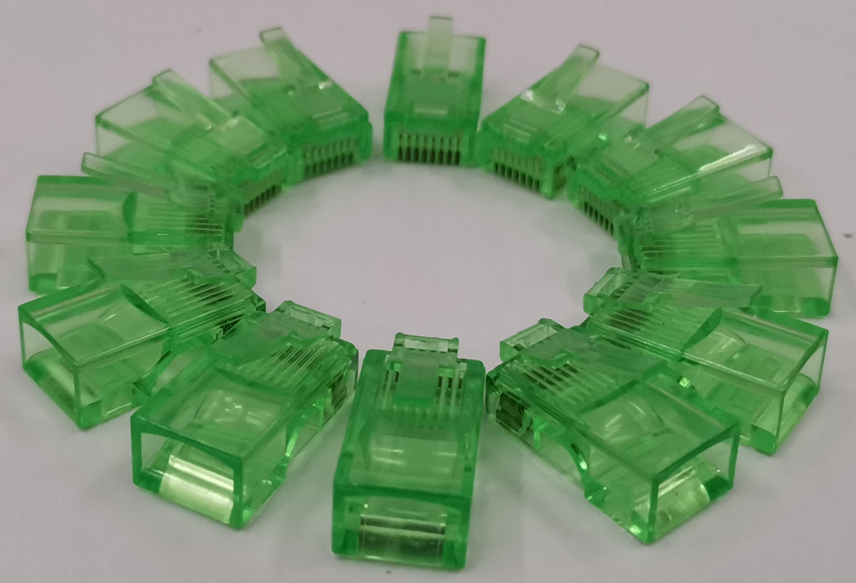 Grippes Denko RJ45 Connector colored green plastic network cable connectors arranged in a circle