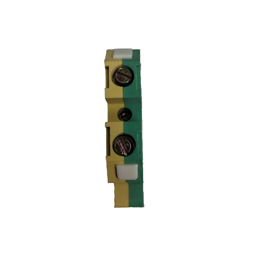 Grippes DIN rail terminal block yellow green with screws for secure electrical connections