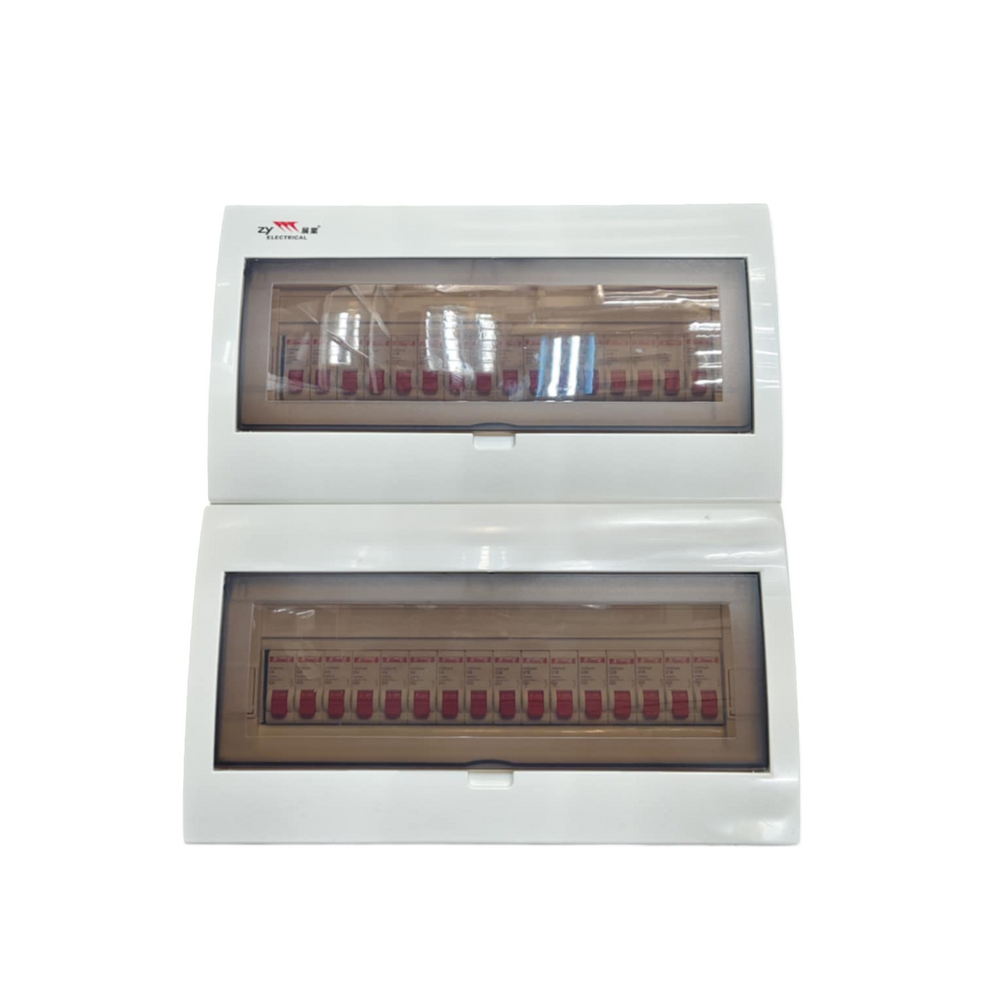 Himel and ZY 1Pole Miniature 32 Ways Distribution Box with transparent covers and multiple circuit breakers