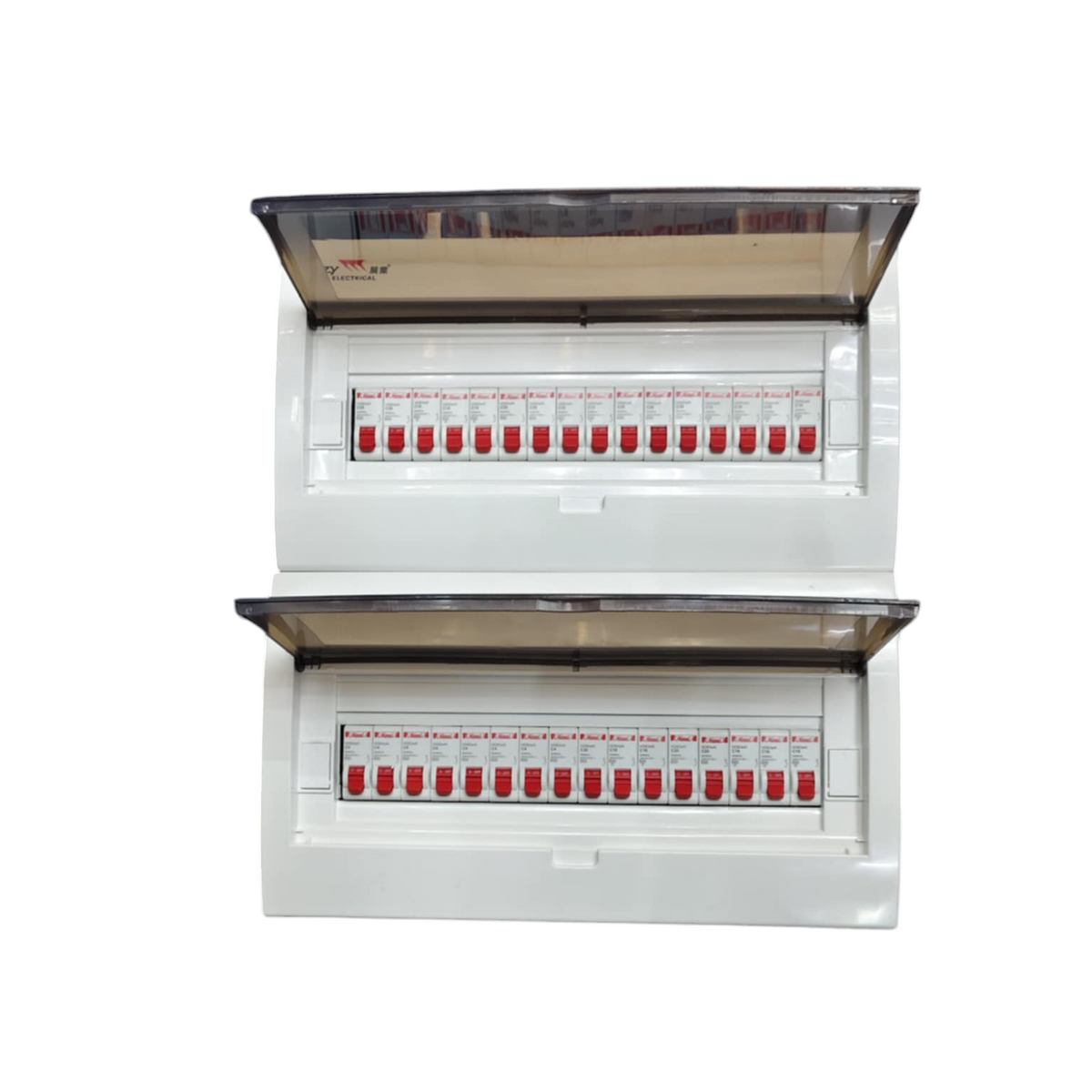 Himel and ZY 1Pole Miniature 32 Ways Distribution Box with transparent hinged cover and red switches