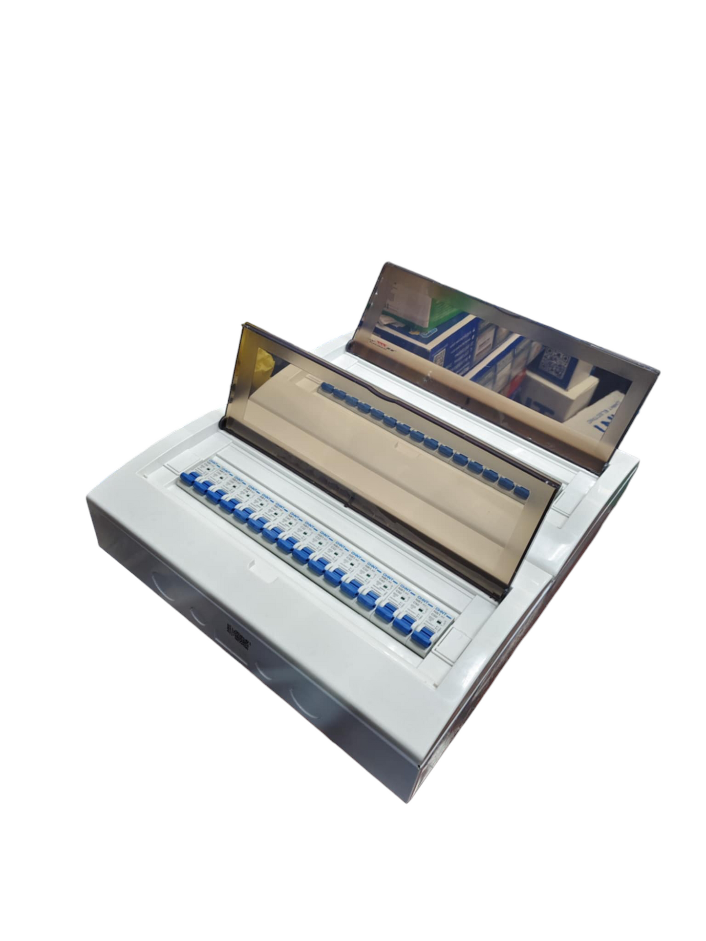 Chint Distribution Box Metal Base NB1 Type with multiple circuit breakers and transparent cover