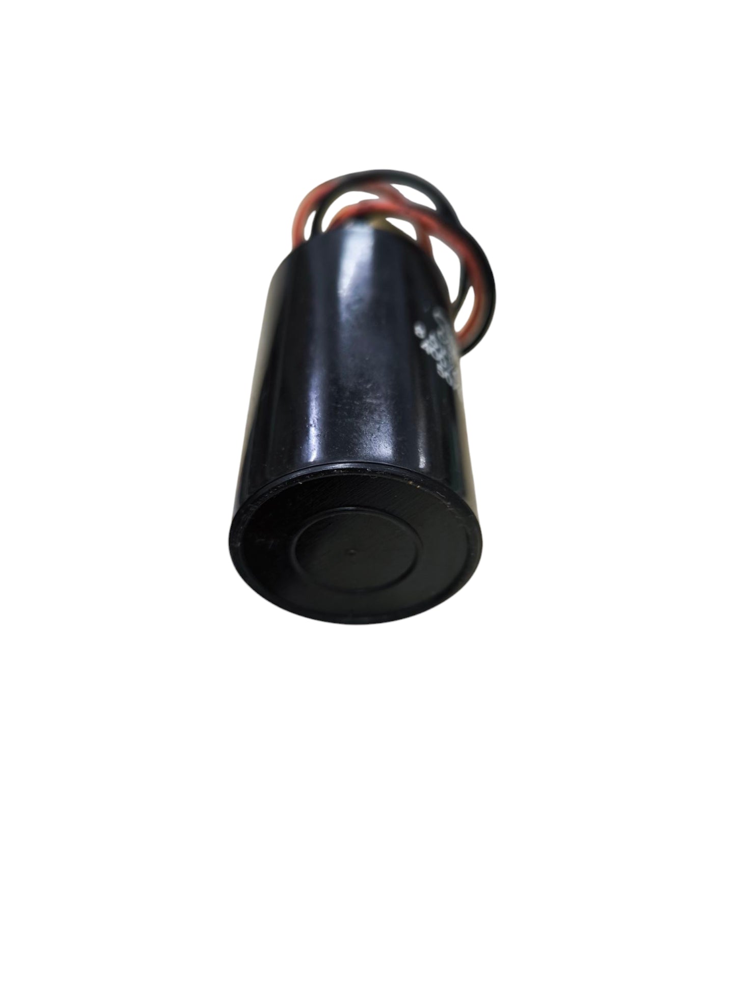 Dual capacitor 8.5uF 200V 5.2uF 450V black cylindrical electrical circuitry part with attached wires