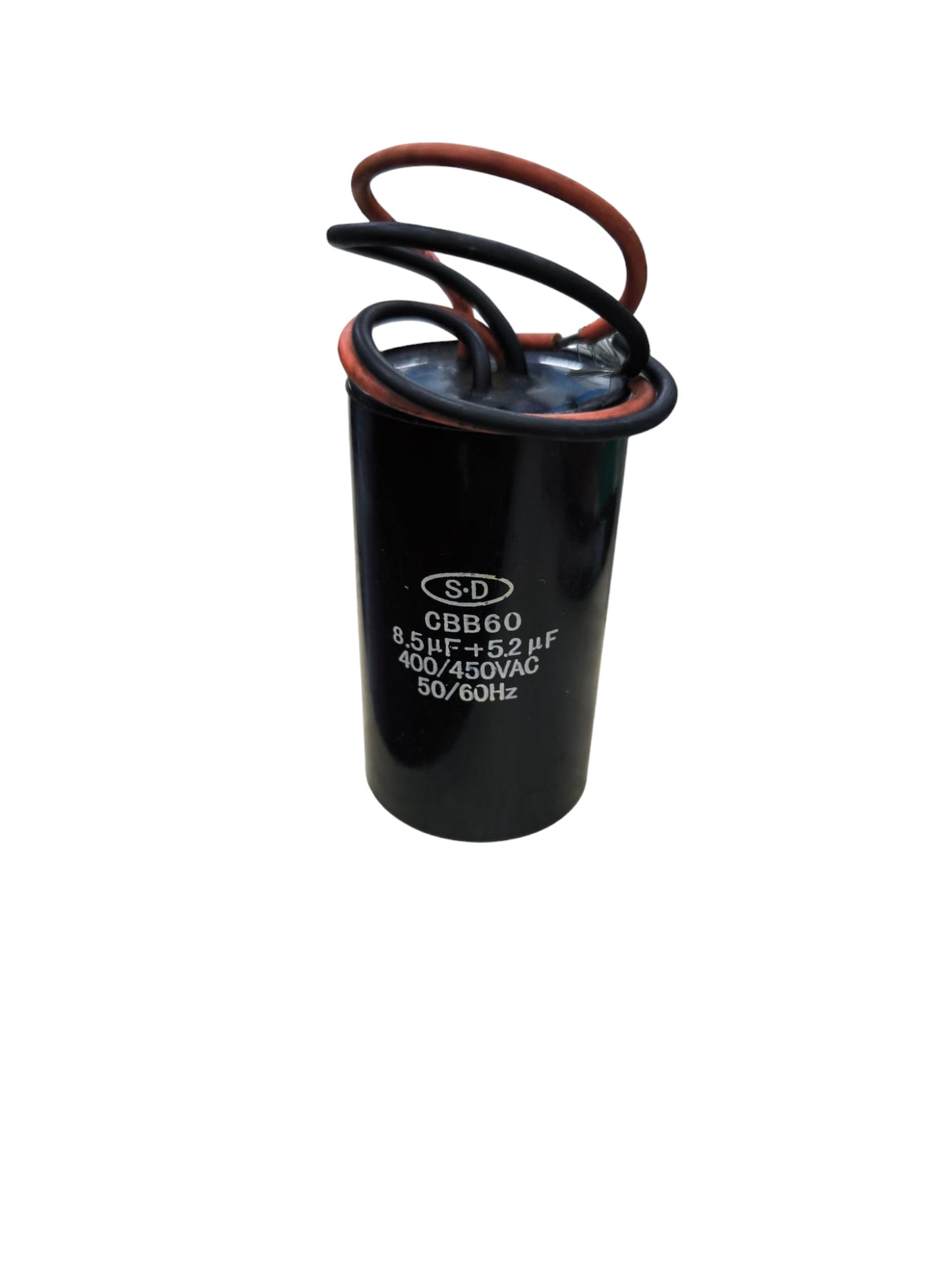 Dual capacitor 8.5uF 200V 5.2uF 450V black electrical component with attached wires