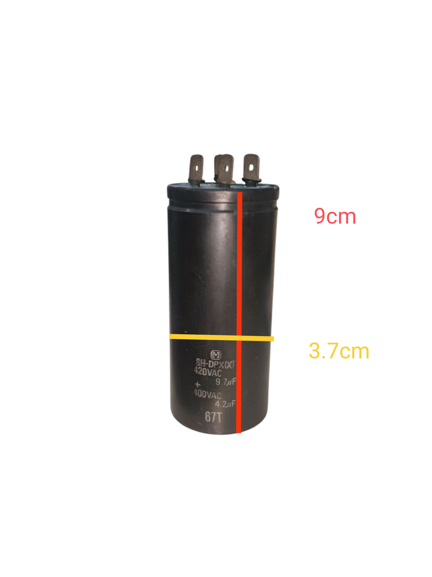 SH dual capacitor 9.7uF 4.2uF 420V 400V electrical component with three terminals and black cylindrical body