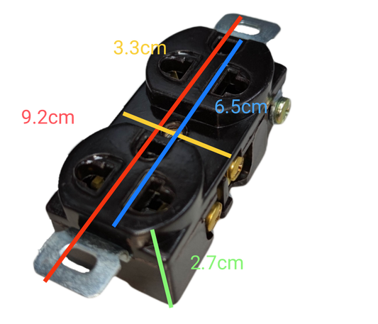 Kopez duplex outlet with ground 10A 250V black power outlet showing front and side with measurements