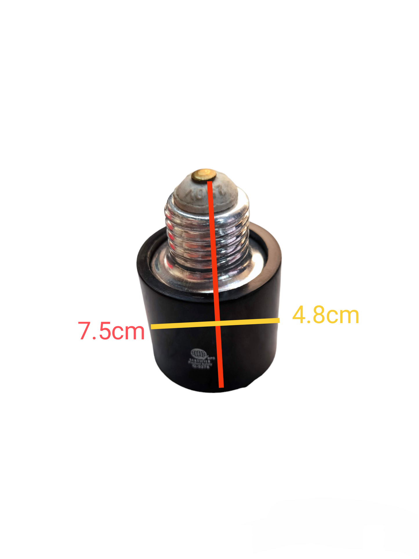 Kopez E40 to E27 socket adapter for lighting installation with measurements on white background