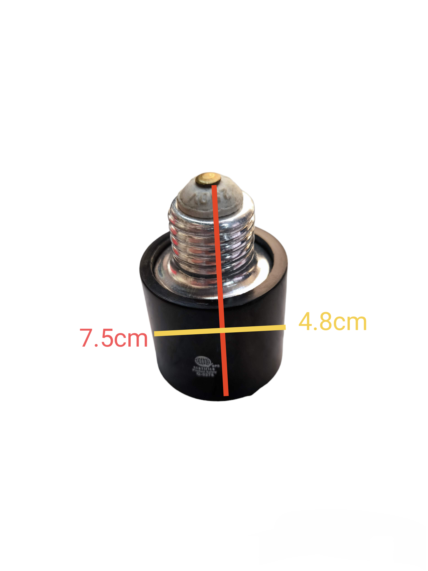Kopez E40 to E27 socket adapter for lighting installation with measurements on white background