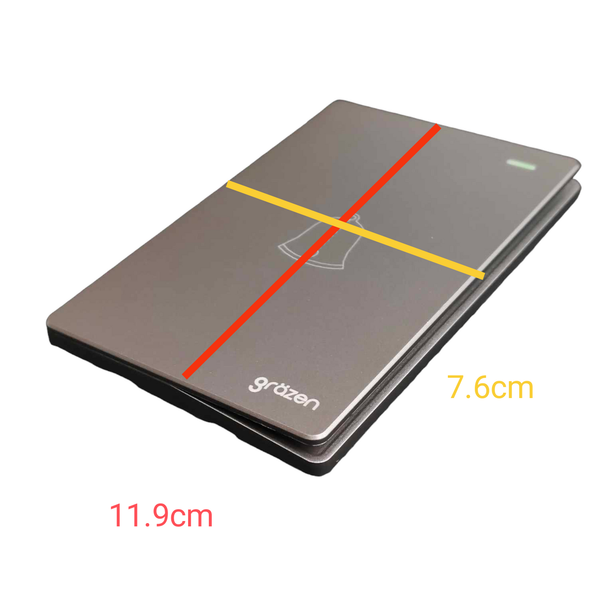 A slim rectangular card case or wallet shown on a white background with overlaid dimension lines and text indicating 11.9 cm, 7.