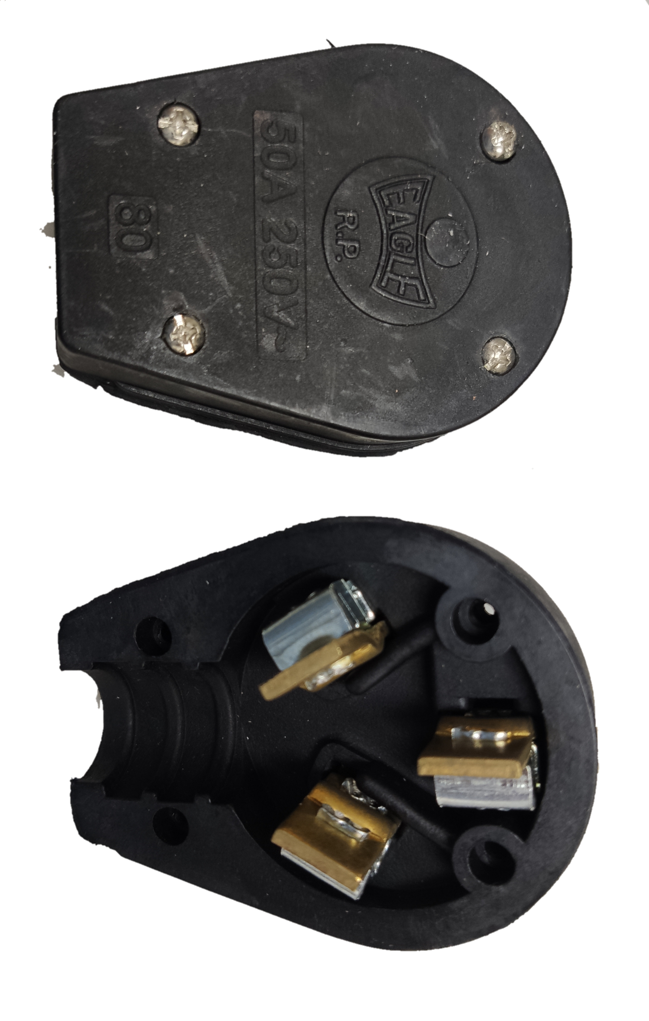 Eagle 50A range plug black heavy duty 250V stove plug showing closed cover logo and open view with brass terminals