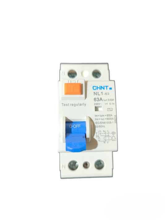 Chint 63A 1P+N Residual Current Circuit Breaker  RCCB 30mA, 6KA, 230VAC, 2 Modules (without over current protection)