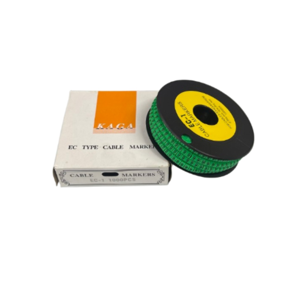 Grippes cable markers 9 Marker 2.6mm to 4.2mm Green spool on black reel beside white box for cable management