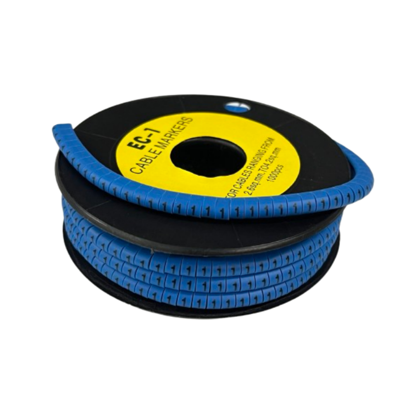 Spool of blue segmented cable markers Cable Marker Blue 1 printed numeric labels for organized cable management