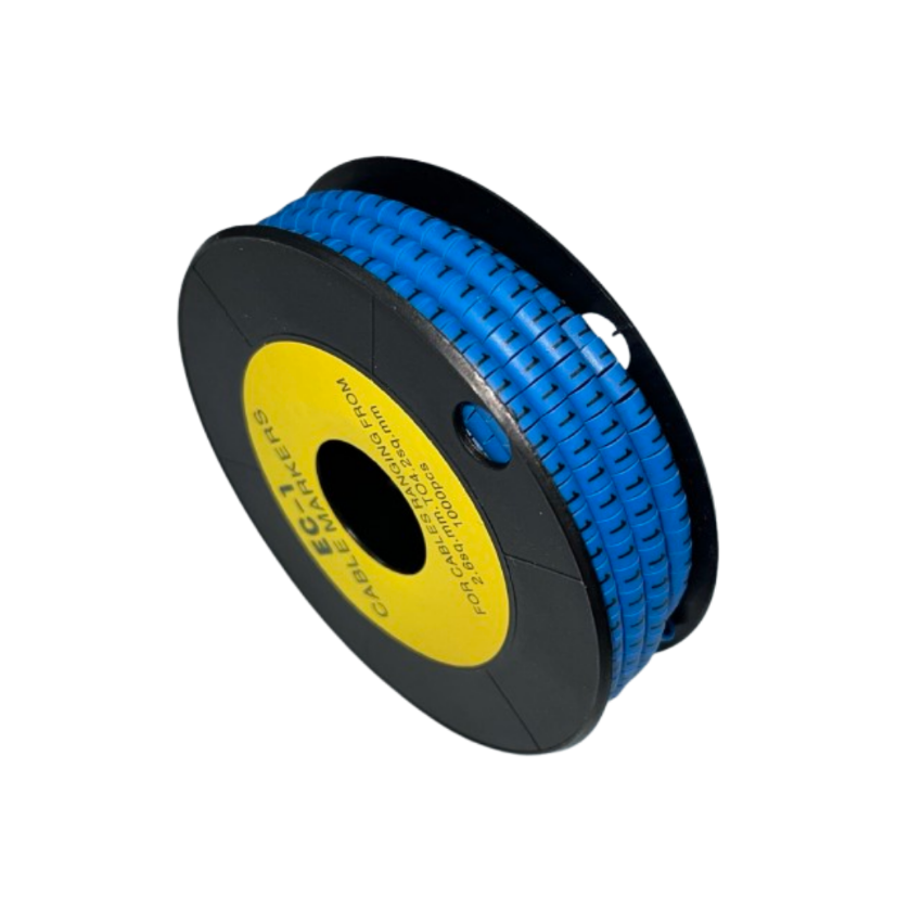 Spool of blue plastic cable markers on black reel for wire labeling Cable Marker Blue 1