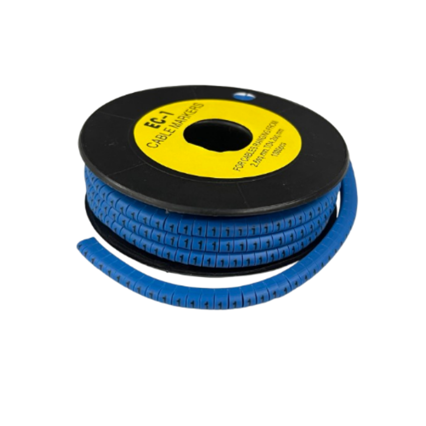 Spool of flexible blue numbered cable markers for cable management Cable Marker Blue 1 on black reel
