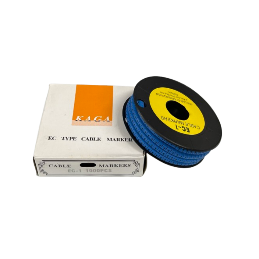 Cable Marker Blue 1 spool of blue EC type cable markers with labeled white box for cable management from China